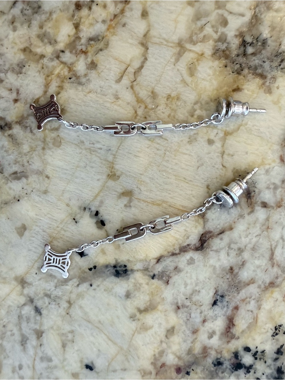 Celine Silver-Tone Chain Drop Earrings with Signature Charms